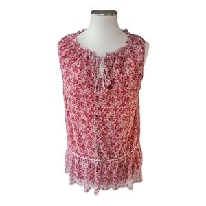 Max Studio Red Floral Sleeveless Top Size M | Ruffle Neck Keyhole Tie Blouse